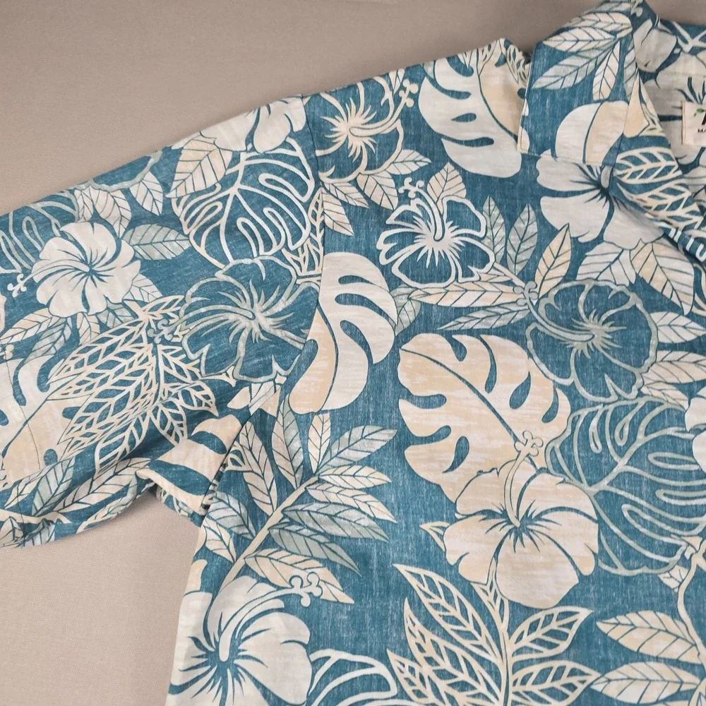 VTG KY's Hawaiian Shirt Mens 2XL Teal Hibiscus Floral Cotton Camp Made in USA